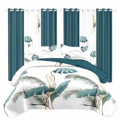 9 Piece Tropical Palm Leaf Quilt Set With 6 Independent Curtains, Heavyweight High-GSM Bedspread And Light Filtering Window Drapes Bundle, Teal Botanical Room Decor