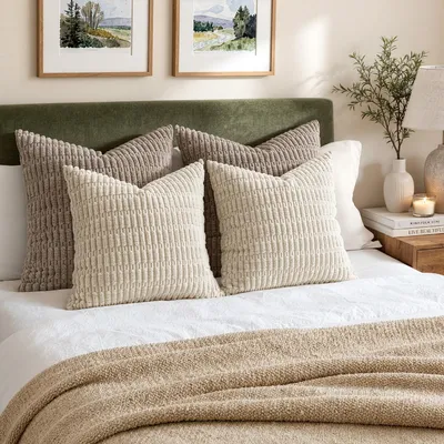 2PCS Soft Corduroy Decorative Pillow Covers 18x18 Inch, Boho Striped Cushion Cases For Sofa, Couch, Bedroom & Living Room, Cream White