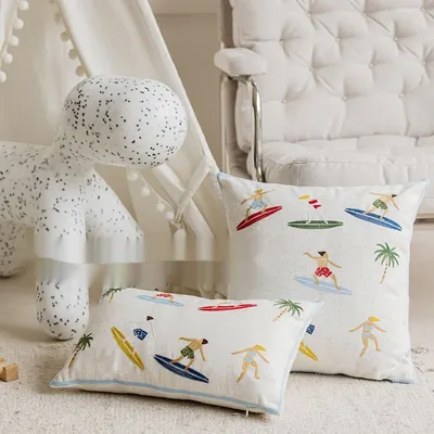 Summer Ocean Surf Embroidered Cotton Pillow Cover
