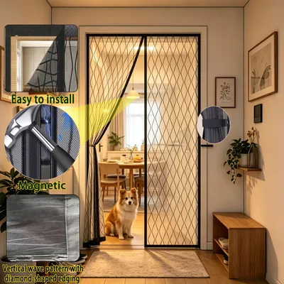 A Magnetic Mosquito-proof Door Curtain With Fine Vertical Wavy Mesh Material That Effectively Keeps Mosquitoes Away While Allowing Air To Flow Freely. The Magnetic Closure In The Middle Lets Your Pets