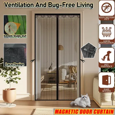 A Magnetic Mosquito-proof Door Curtain Made Of Fine Mesh Material That Effectively Keeps Mosquitoes Away. It Features A Lace Design And Convenient Storage Straps, With A Magnetic Centre That Lets Pets