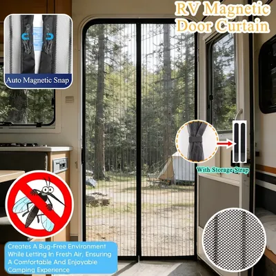 1pc RV Magnetic Screen Door - Easy To Install, Breathable, Mosquito-proof With Storage Straps, Suitable For Camper Vans, Trailers And RVs With Automatic Closing Screen Curtain, Screen Door