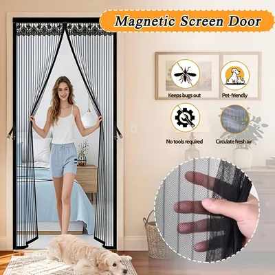 1pc Magnetic Screen Door, Mosquito And Fly Proof Door Curtain, Easy To Install, Top Lace Design & Storage, Pet Friendly, Suitable For Living Room, Bedroom, Balcony, Front Door, Garage, Partition, Priv