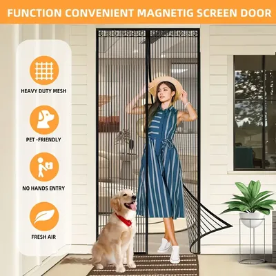 Black Hands-free Magnetic Door Curtain, Breathable And Mosquito-proof For Summer, Self-adhesive With No Tools Needed, Automatic Magnetic Closure, Pet-friendly, Ideal For Living Room, Bedroom, Balcony