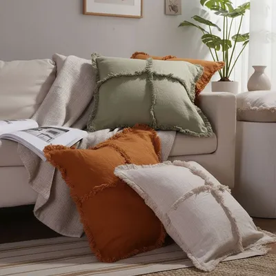 Nordic Linen Pillowcase With Cross-stitch Raw Edges Minimalist Style