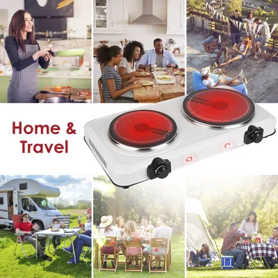 1Pc 2000W Electric Infrared Dual Burner Portable Heating Hot Plate Stove Countertop RV Hotplate With Glass Cooktop Stepless Temperature Adjustments For Home RV Camp