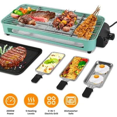 1Pc 2000W Electric Indoor Grill For Food Preparation Family Gathering 2 In 1 Electric BBQ Gill With Grill Net Removable Plate 5 Temperature Control 3 Small Trays Dishwasher Safe