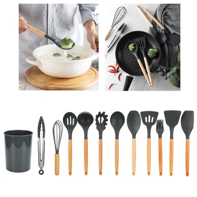 12 Pieces&set Silicone Kitchen Utensils, Wooden Handle Non-stick Cooking Cutlery Set, Withstand 480 F Silicone Kitchen Utensils, Silicone Beech Cooking Spoon Set Kitchen Accessories For The Kitchen A