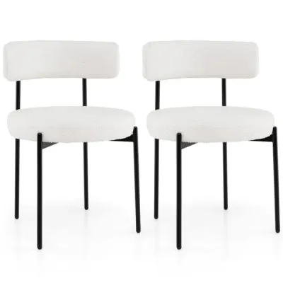 2 PCS White Sherpa Upholstered Dining Chair, Ergonomic Curved Backrest & Wide Round Seat