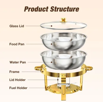 Warmounts Golden Chafing Pans With Glass Lids For Buffet 5QT, 2 Pack, Round Cooker And Warmer Set With Lid Holder, Polished Stainless Steel, Round Edge, 2 Pcs For Catering Events, Parties, Wedding