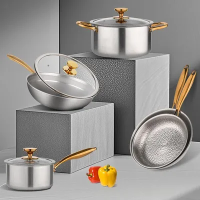 Household Pure Titanium Cookware Set With Gold-plated Handles Frying Pan