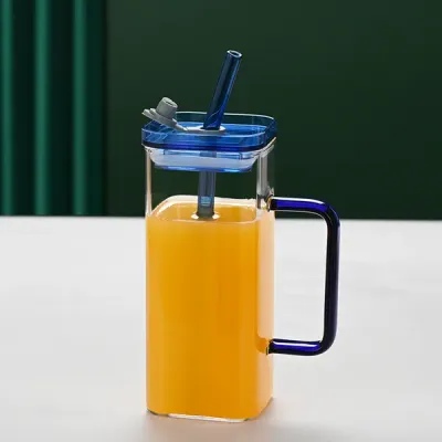 1 Pcs Blue Glass Straw Cup, 6 Colors Square Glass Cup With Straw And Lid, High Borosilicate Glass Cup, Milk Cup, Juice Cup, Cold Drink Cup, Coffee Cup, Tea Cup, Office Cup, Gift Cup