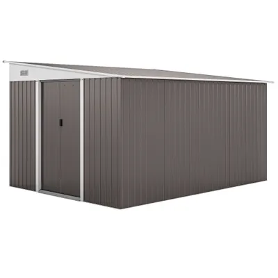11.3 X 9.2ft Lean To Metal Garden Shed, Outdoor Galvanised Tool Storage House With Double Sliding Doors And 2 Air Vents, Grey