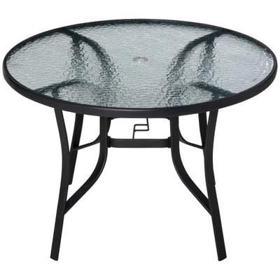 106cm Round Garden Dining Table With Parasol Hole Tempered Glass Top Steel Frame