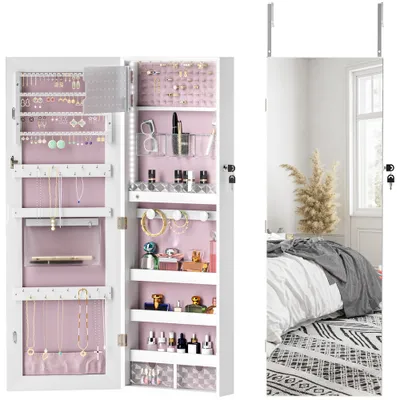 108 X 37cm Lockable Jewellery Cabinet, With LED Lights - White Surface And Pink Lining