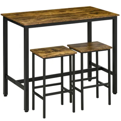 120x60cm Bar Table Set, Breakfast Table With 2 Stools, 3-Piece Counter Height Dining Table & Chairs For Kitchen, Living Room, Rustic Brown