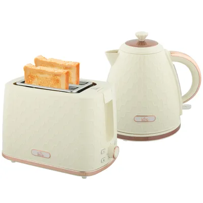 1.7L 3000W Fast Boil Kettle & 2 Slice Toaster Set, Kettle And Toaster Set With Auto Shut Off, Browning Controls, Beige