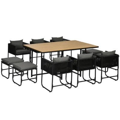 10 Seater Rattan Cube Garden Furniture Set, Rattan Dining Set With Cushions, Outdoor Dining Table And Chairs With 6 Armchairs, 4 Stools, Rectangular Wood Grain Plastic Top Table, Black