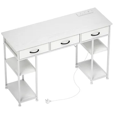 120cm Computer Desk With Power Outlets, Office Desk Study Table With 3 Fabric Drawers And 4 Storage Shelves, White
