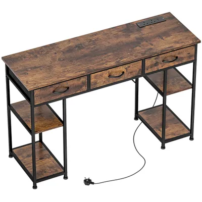 120cm Computer Desk With Power Outlets, Office Desk Study Table With Fabric Drawers And Storage Shelves, Rustic Brown