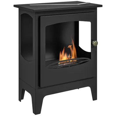 Freestanding Ethanol Fireplace, Steel Bioethanol Fireplace With Stainless Steel Flame Snuffer, 0.9L Tank, 3 Hours Burning Time For Indoor, Black