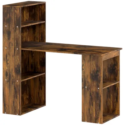 120cm Computer Desk, Wooden PC Laptop Table With 6-Tier Storage Bookshelves, Home Office Working Study Desk, Writing Workstation, Rustic Brown Wood-Effect