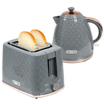 1.7L 3000W Fast Boil Kettle & 2 Slice Toaster Set, Kettle And Toaster Set With Auto Shut Off, Browning Controls, Grey