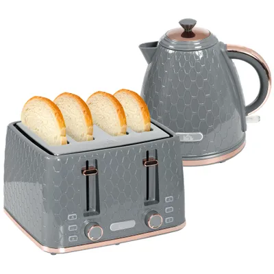 1.7L 3000W Fast Boil Kettle & 4 Slice Toaster Set, Kettle And Toaster Set With 7 Browning Controls, Crumb Tray, Grey