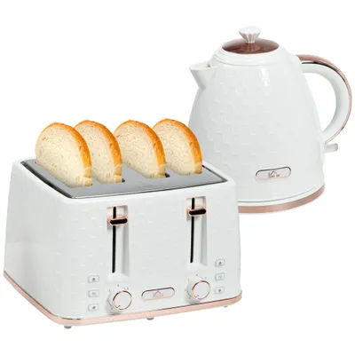 1.7L 3000W Fast Boil Kettle & 4 Slice Toaster Set, Kettle And Toaster Set With 7 Browning Controls, Crumb Tray, White