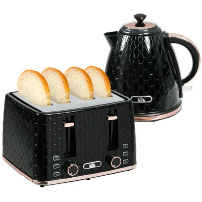 1.7L 3000W Fast Boil Kettle & 4 Slice Toaster Set, Kettle And Toaster Set With 7 Browning Controls, Crumb Tray, Black