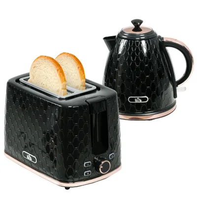 1.7L 3000W Fast Boil Kettle & 2 Slice Toaster Set, Kettle And Toaster Set With Auto Shut Off, Browning Controls, Black