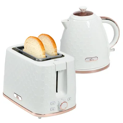 1.7L 3000W Fast Boil Kettle & 2 Slice Toaster Set, Kettle And Toaster Set With Auto Shut Off, Browning Controls, White