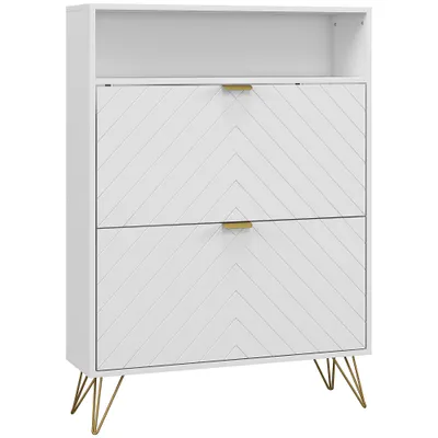 12 Shoe Storage Cabinet, With Chevron Indents And Gold Tone Accents - White