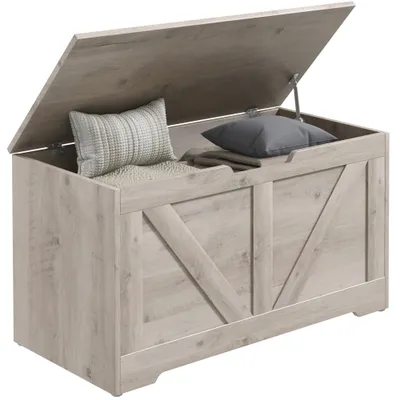 100L Home Storage Box, With Safety Hinges - Grey Wood-Effect