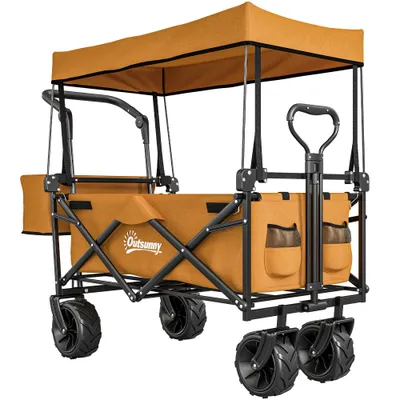 120L Festival Trolley On Wheels, Folding Camping Trolley Cart With Removable Canopy, All-Terrain Wheels, Adjustable Handle, Push Or Pull For Garden Beach Fishing Shopping, Orange