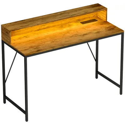 120cm Computer Desk With LED Lights And Power Outlets, Gaming Desk With Monitor Stand, Computer Table With Remote For Home Office Study, Rustic Brown