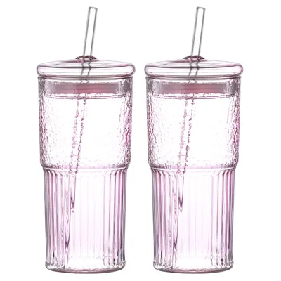 20 Oz 2-pack Pink Glass Straw Cup With Vertical Pattern Cup And Lid, High Borosilicate Heat-resistant Glass Cup For Juice, Milk And Cold Drinks