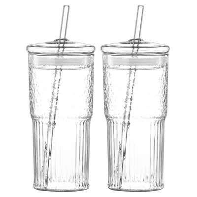 20 Oz 2-pack Glass Straw Cup With Vertical Pattern Cup And Lid, High Borosilicate Heat-resistant Glass Cup For Juice, Milk And Cold Drinks