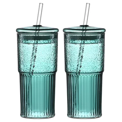 20 Oz 2-pack Green Glass Straw Cup With Vertical Pattern Cup And Lid, High Borosilicate Heat-resistant Glass Cup For Juice, Milk And Cold Drinks
