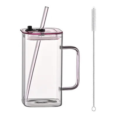 1 Pcs Pink Glass Straw Cup, 4 Colors Square Glass Cup With Straw And Lid, High Borosilicate Glass Cup, Milk Cup, Juice Cup, Cold Drink Cup, Coffee Cup, Tea Cup, Office Cup, Gift Cup