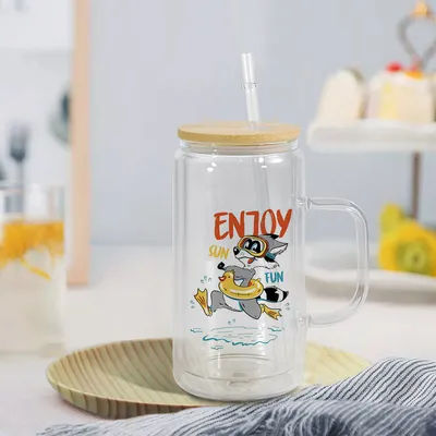 16oz Double-layer Handle Snowball Cup Sublimation Glass Pp Cover Bamboo Cover With Straw Hole With Plug