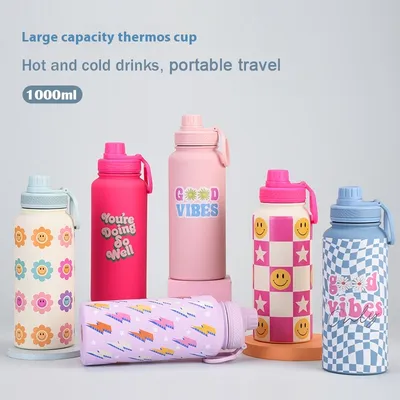 1L Vacuum Cup Large Capacity Wide Mouth Portable Handle Sports Kettle