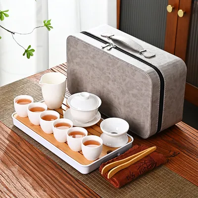 10 PCs Set White Jade Blanc De Chine Portable Travel Tea Set Suit