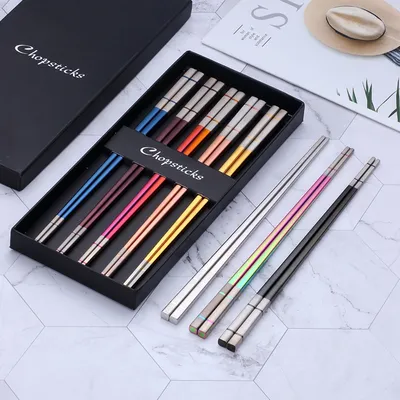 304 Stainless Steel Chopsticks Household Alloy Restaurant Color Laser Square-headed