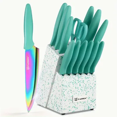 14-Piece Rainbow Colored High Carbon Stainless Steel Kitchen Knife Set, Titanium Coated Blade, Rust-Free & Super Sharp, Flatware Set With Wooden Stand & Kitchen Scissors, For Family & Restaurateurs