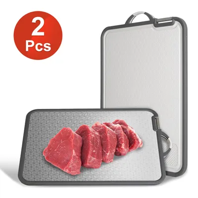 2Pcs Double Sided Cutting Board Stainless Steel PP Chopping Board Lightweight Kitchen Cutting Board Mesh Design With Grinding Zone Knife Sharpener Handle Dishwasher Safe
