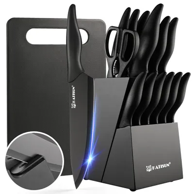 16 Pieces Kitchen Knife Block Set With Cutting Board, German Stainless Steel Knife Set With Sharpener, Dishwasher Safe, Anti-Slip Handle, 6 Steak Knives, Black