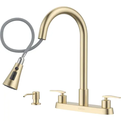 Handle Kitchen Faucet With Pull Down Sprayer Brushed Gold, 4 Holes Sink Faucets For Kitchen RV With Soap Dispenser Stainless Steel