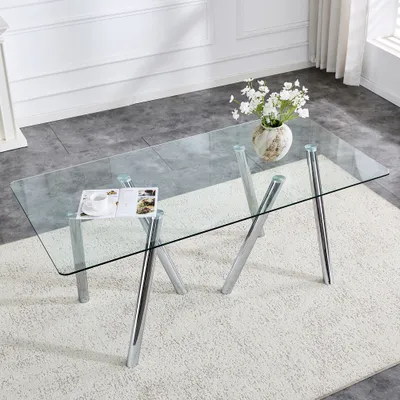 71-Inch Tempered Glass Dining Table With Sturdy Metal Legs