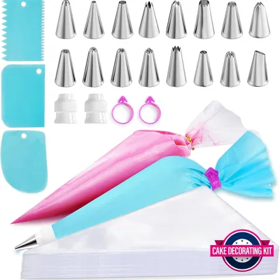 Piping Bags And Tips Set, 11.8 Inch 100 Anti Burst Piping Bags, 124 Pcs Cake Decorating Kit With 16 Piping Tips, 1 Reusable Pastry Bags, 3 Cake Scrapers, 2 Couplers, And 2 Icing Bags Ties